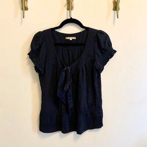 Nanette Lepore Navy Silk Neck-Tie Peplum Blouse